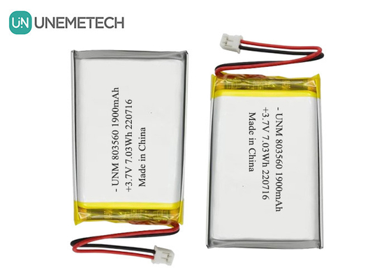 แบตเตอรี่พอลิเมอร์ลิตยูมยืดหยุ่นที่สามารถชาร์จใหม่ได้ 3.7V 1900mAh 803560 สําหรับไฟฟัน
